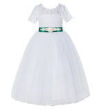 White Floral Lace Flower Girl Dress with Sleeves Pretty Princess Gown Special Occasion Dresses LG2R7