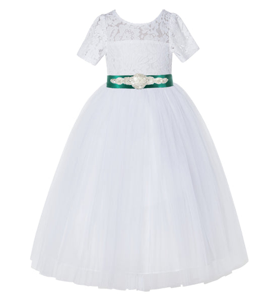 White Floral Lace Flower Girl Dress with Sleeves Pretty Princess Gown Special Occasion Dresses LG2R7
