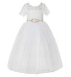 Ivory Floral Lace Flower Girl Dress with Sleeves Pretty Princess Gown Special Occasion Dresses LG2R7