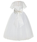 Ivory Floral Lace Flower Girl Dress with Sleeves Formal Pageant Dresses for Toddler Girls LG2T(3)