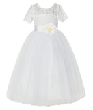 Ivory Floral Lace Flower Girl Dress with Sleeves Formal Pageant Dresses for Toddler Girls LG2T(3)