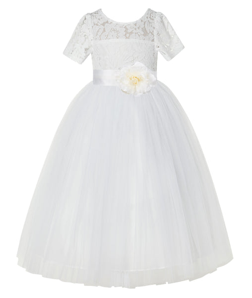 Ivory Floral Lace Flower Girl Dress with Sleeves Formal Pageant Dresses for Toddler Girls LG2T(3)
