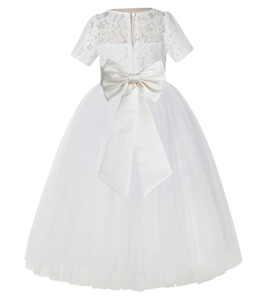 Ivory Floral Lace Flower Girl Dress with Sleeves Formal Pageant Dresses for Toddler Girls LG2T(3)