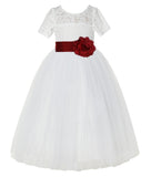 Ivory Floral Lace Flower Girl Dress with Sleeves Formal Pageant Dresses for Toddler Girls LG2T(3)