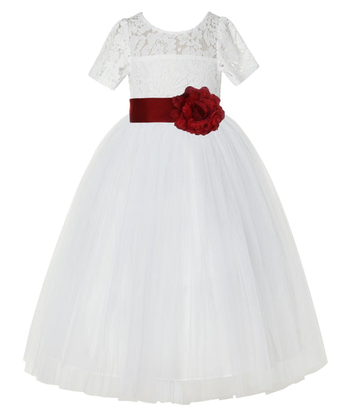 Ivory Floral Lace Flower Girl Dress with Sleeves Formal Pageant Dresses for Toddler Girls LG2T(3)