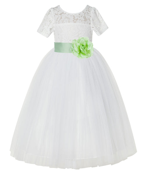 Ivory Floral Lace Flower Girl Dress with Sleeves Formal Pageant Dresses for Toddler Girls LG2T(4)