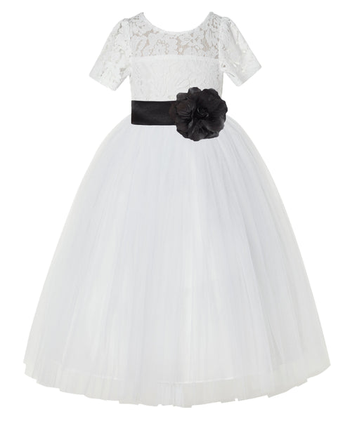 Ivory Floral Lace Flower Girl Dress with Sleeves Formal Pageant Dresses for Toddler Girls LG2T(3)