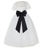 Ivory Floral Lace Flower Girl Dress with Sleeves Formal Pageant Dresses for Toddler Girls LG2T(3)