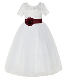 Ivory Floral Lace Flower Girl Dress with Sleeves Formal Pageant Dresses for Toddler Girls LG2T(4)