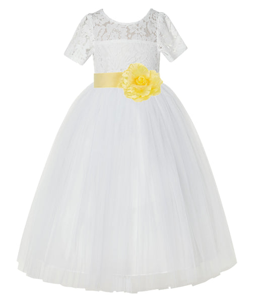 Ivory Floral Lace Flower Girl Dress with Sleeves Formal Pageant Dresses for Toddler Girls LG2T(5)