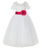 Ivory Floral Lace Flower Girl Dress with Sleeves Formal Pageant Dresses for Toddler Girls LG2T(5)
