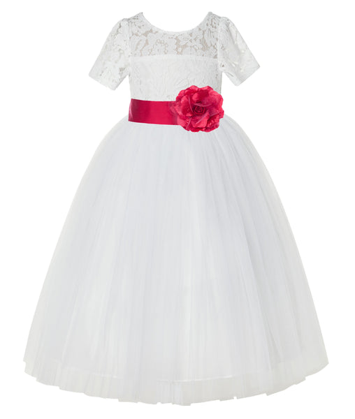 Ivory Floral Lace Flower Girl Dress with Sleeves Formal Pageant Dresses for Toddler Girls LG2T(5)