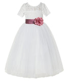 Ivory Floral Lace Flower Girl Dress with Sleeves Formal Pageant Dresses for Toddler Girls LG2T(4)