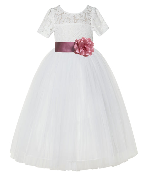 Ivory Floral Lace Flower Girl Dress with Sleeves Formal Pageant Dresses for Toddler Girls LG2T(4)