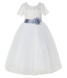 Ivory Floral Lace Flower Girl Dress with Sleeves Formal Pageant Dresses for Toddler Girls LG2T(2)