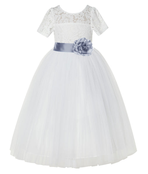 Ivory Floral Lace Flower Girl Dress with Sleeves Formal Pageant Dresses for Toddler Girls LG2T(2)