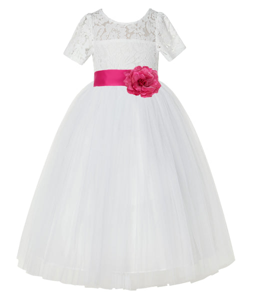 Ivory Floral Lace Flower Girl Dress with Sleeves Formal Pageant Dresses for Toddler Girls LG2T(3)