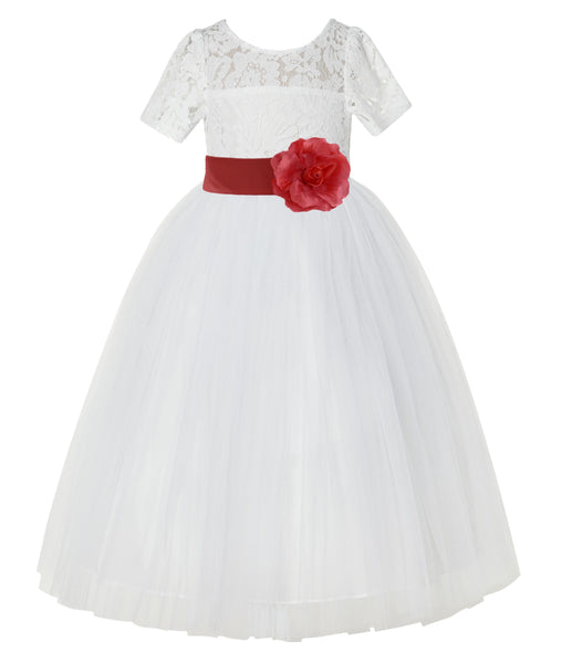Ivory Floral Lace Flower Girl Dress with Sleeves Formal Pageant Dresses for Toddler Girls LG2T(4)