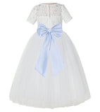Ivory Floral Lace Flower Girl Dress with Sleeves Formal Pageant Dresses for Toddler Girls LG2T(1)