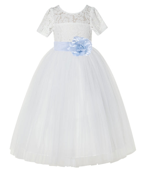 Ivory Floral Lace Flower Girl Dress with Sleeves Formal Pageant Dresses for Toddler Girls LG2T(1)