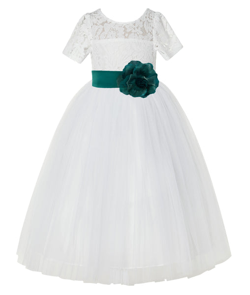 Ivory Floral Lace Flower Girl Dress with Sleeves Formal Pageant Dresses for Toddler Girls LG2T(4)
