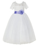 Ivory Floral Lace Flower Girl Dress with Sleeves Formal Pageant Dresses for Toddler Girls LG2T(2)