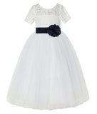 Ivory Floral Lace Flower Girl Dress with Sleeves Formal Pageant Dresses for Toddler Girls LG2T(3)