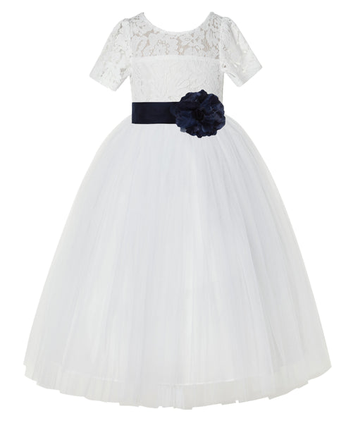 Ivory Floral Lace Flower Girl Dress with Sleeves Formal Pageant Dresses for Toddler Girls LG2T(3)