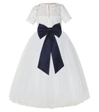 Ivory Floral Lace Flower Girl Dress with Sleeves Formal Pageant Dresses for Toddler Girls LG2T(3)