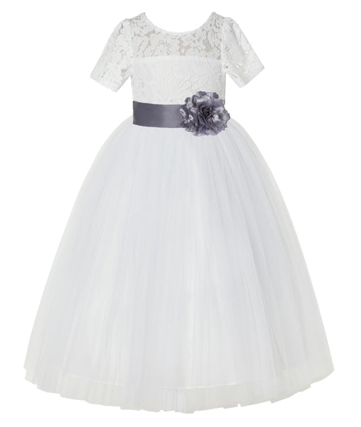 Ivory Floral Lace Flower Girl Dress with Sleeves Formal Pageant Dresses for Toddler Girls LG2T(4)