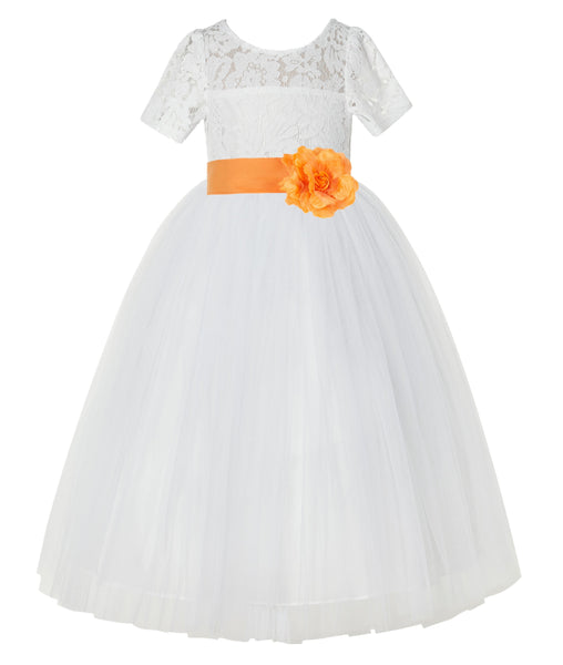 Ivory Floral Lace Flower Girl Dress with Sleeves Formal Pageant Dresses for Toddler Girls LG2T(4)