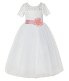 Ivory Floral Lace Flower Girl Dress with Sleeves Formal Pageant Dresses for Toddler Girls LG2T(1)
