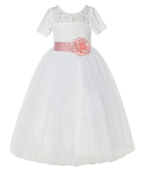 Ivory Floral Lace Flower Girl Dress with Sleeves Formal Pageant Dresses for Toddler Girls LG2T(1)