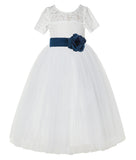 Ivory Floral Lace Flower Girl Dress with Sleeves Formal Pageant Dresses for Toddler Girls LG2T(3)