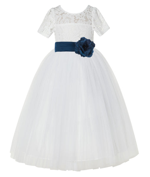 Ivory Floral Lace Flower Girl Dress with Sleeves Formal Pageant Dresses for Toddler Girls LG2T(3)