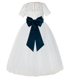 Ivory Floral Lace Flower Girl Dress with Sleeves Formal Pageant Dresses for Toddler Girls LG2T(3)