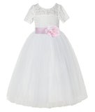 Ivory Floral Lace Flower Girl Dress with Sleeves Formal Pageant Dresses for Toddler Girls LG2T(5)