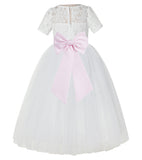 Ivory Floral Lace Flower Girl Dress with Sleeves Formal Pageant Dresses for Toddler Girls LG2T(5)