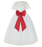Ivory Floral Lace Flower Girl Dress with Sleeves Formal Pageant Dresses for Toddler Girls LG2T(5)