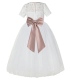 Ivory Floral Lace Flower Girl Dress with Sleeves Formal Pageant Dresses for Toddler Girls LG2T(5)