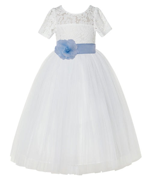 Ivory Floral Lace Flower Girl Dress with Sleeves Formal Pageant Dresses for Toddler Girls LG2T(4)