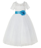 Ivory Floral Lace Flower Girl Dress with Sleeves Formal Pageant Dresses for Toddler Girls LG2T(5)