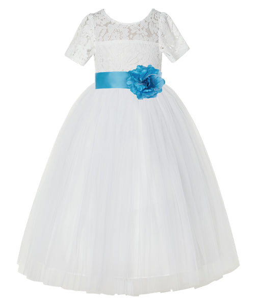Ivory Floral Lace Flower Girl Dress with Sleeves Formal Pageant Dresses for Toddler Girls LG2T(5)