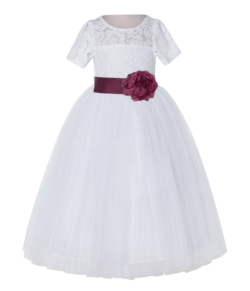 White Floral Lace Flower Girl Dress with Sleeves Junior Bridesmaid Gown Wedding Reception LG2T(2)