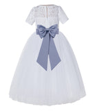 White Floral Lace Flower Girl Dress with Sleeves Junior Bridesmaid Gown Wedding Reception LG2T(2)