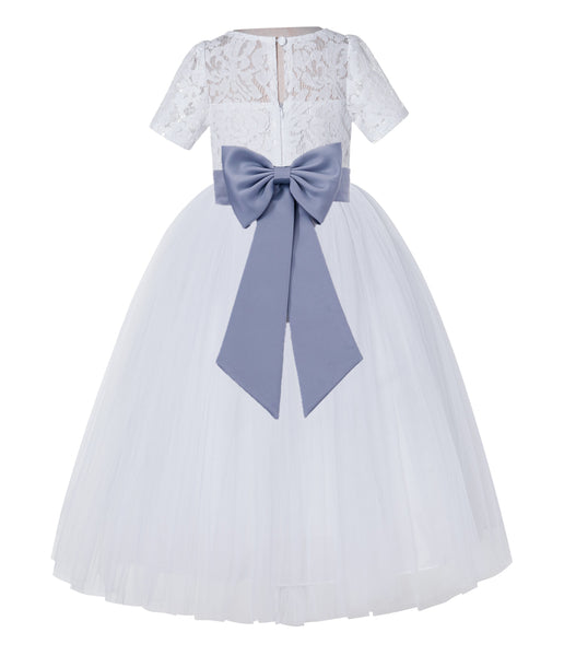 White Floral Lace Flower Girl Dress with Sleeves Junior Bridesmaid Gown Wedding Reception LG2T(2)