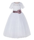 White Floral Lace Flower Girl Dress with Sleeves Junior Bridesmaid Gown Wedding Reception LG2T(2)
