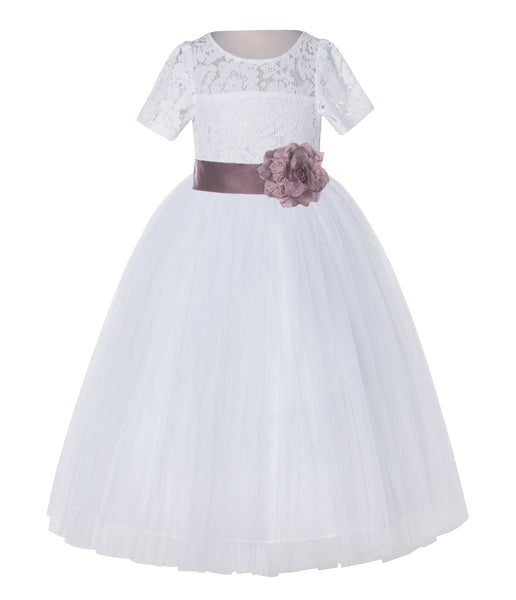 White Floral Lace Flower Girl Dress with Sleeves Junior Bridesmaid Gown Wedding Reception LG2T(2)