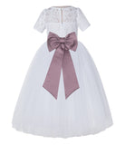 White Floral Lace Flower Girl Dress with Sleeves Junior Bridesmaid Gown Wedding Reception LG2T(2)