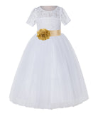 White Floral Lace Flower Girl Dress with Sleeves Junior Bridesmaid Gown Wedding Reception LG2T(5)